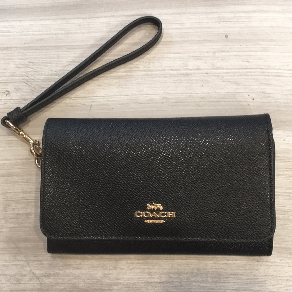 Coach black textured leather wristlet
